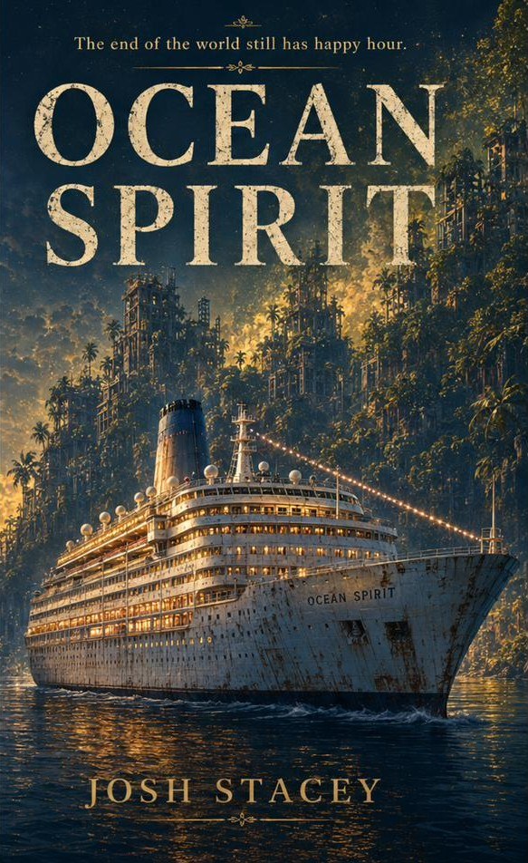 Ocean Spirit book cover: a weathered cruise ship sails past jungle-overgrown ruins at golden sunset